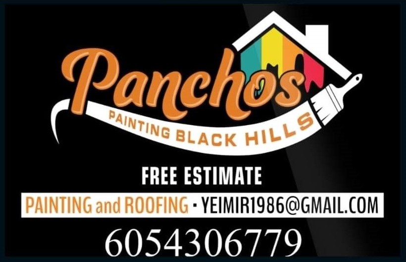 Logo and contact information for Panchos Painting Black Hills, featuring a colorful house design and a paintbrush. The text includes services offered, such as interior and exterior painting, along with a phone number and email for free estimates.
